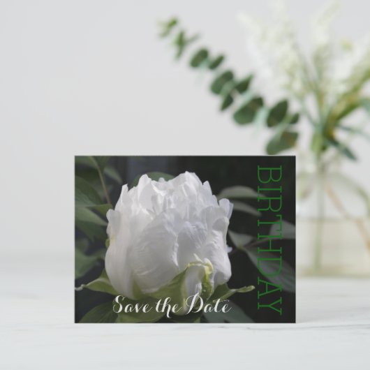Carte Postale Faire-part White Peony 30th Birthday Enregistrer la date Cart (Debout devant)