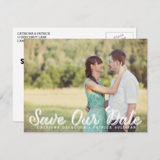 Carte Postale Faire-part White Rustic Script Photo Enregistrer Notre Date C (Devant / Derrière)