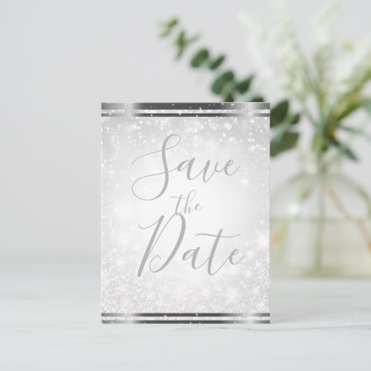 Carte Postale Faire-part White Sparkle Elegant Winter Wedding Enregistrer l (Debout devant)