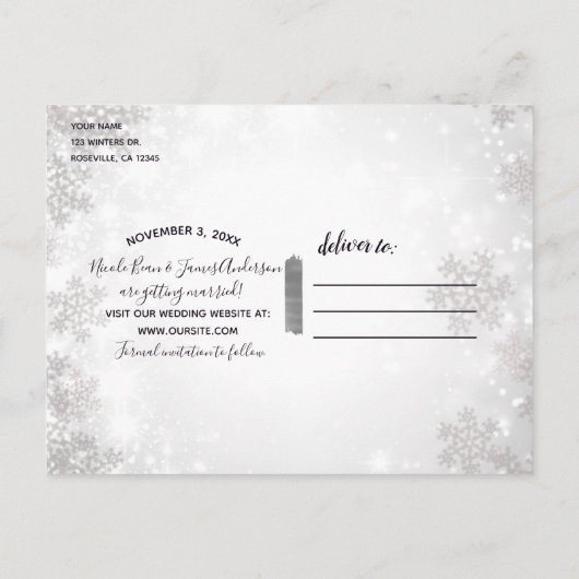 Carte Postale Faire-part White Sparkle Winter Wonderland Enregistrer la dat (Dos)