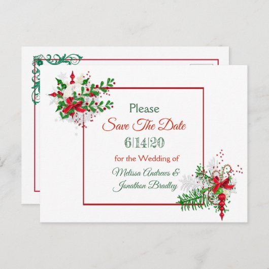 Carte Postale Faire-part White Winter Wedding Theme Enregistrer la date Car (Devant / Derrière)