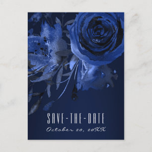 Carte Postale Faire-part Winter Chic Floral Blue Rose Bold Enregistrer la d