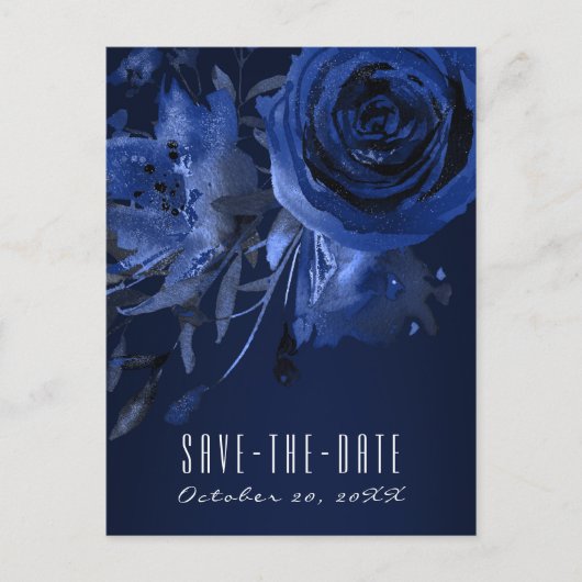 Carte Postale Faire-part Winter Chic Floral Blue Rose Bold Enregistrer la d (Devant)