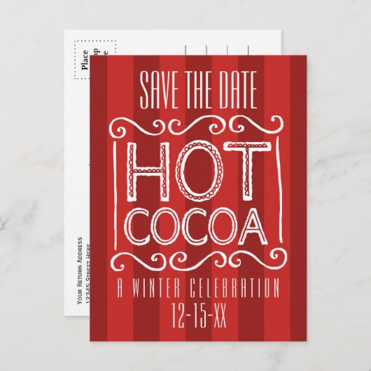 Carte Postale Faire-part Winter Hot Cocoa Party Enregistrer la date Rouge (Devant / Derrière)
