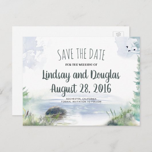 Carte Postale Faire-part Woodsy Mountains Lake Adventure Enregistrer la dat (Devant / Derrière)