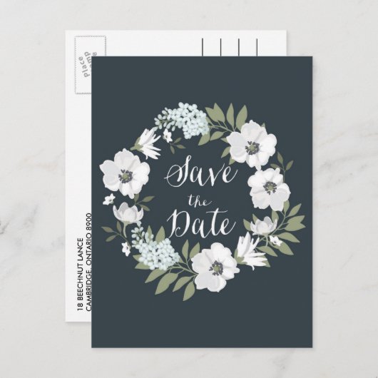 Carte Postale Faire-part Wreath Florale Anémonique blanche Enregistrer la d (Devant / Derrière)