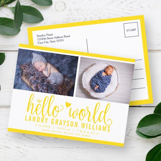 Carte Postale Faire-part Yellow Hello World Photo Birth Stat