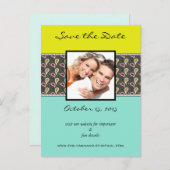 Carte Postale Faire-part Yellow & Mint Paisley Photo Enregistrer La Date (Devant / Derrière)