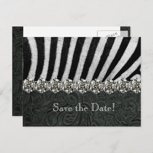 Carte Postale Faire-part Zebra Rhinestone cuir noir Enregistrer la date (Devant / Derrière)