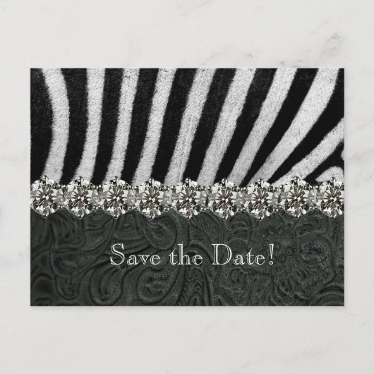 Carte Postale Faire-part Zebra Rhinestone cuir noir Enregistrer la date (Devant)