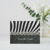 Carte Postale Faire-part Zebra Rhinestone cuir noir Enregistrer la date (Debout devant)