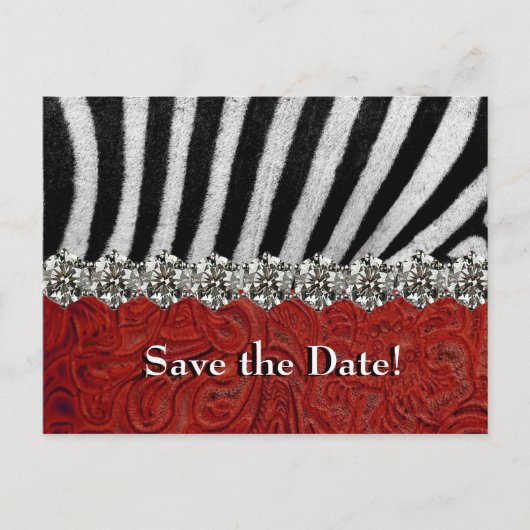 Carte Postale Faire-part Zebra Rhinestone rouge cuir Enregistrer la date (Devant)