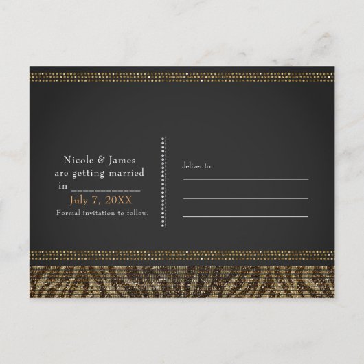 Carte Postale Faire-part Zebra Sequins Sparkle Glam Chic Enregistrer la dat (Dos)