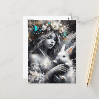 Carte Postale Fairy and Her Cute White Rabbit