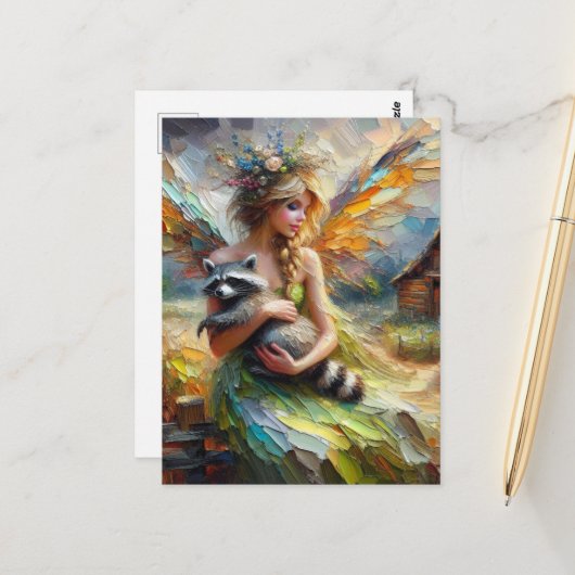 Carte Postale Fairy and her Pet Raccoon (Devant/Arrière en situation)