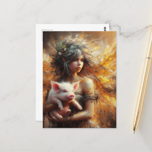 Carte Postale Fairy Holding a Young Pig