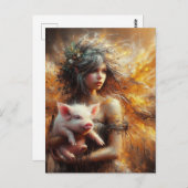 Carte Postale Fairy Holding a Young Pig (Devant / Derrière)
