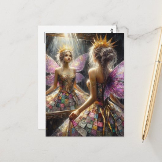 Carte Postale Fairy in a Quillit Look in Mirror at Dress (Devant/Arrière en situation)