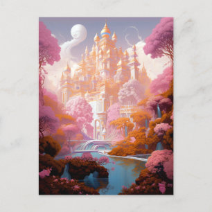 Carte Postale Fairy Tale Castle Rose White Gold Imaginaire Art