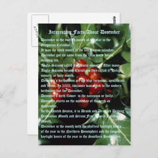 Carte Postale Faits Intéressants Sur Décembre (Devant / Derrière)