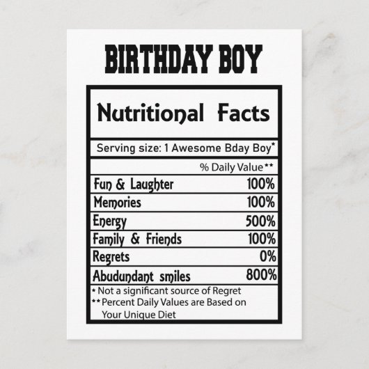 Carte Postale Faits nutritionnels pour garçon de fête (Devant)