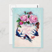 Carte Postale Falln Blue Birds et fête des mères Roses (Devant / Derrière)
