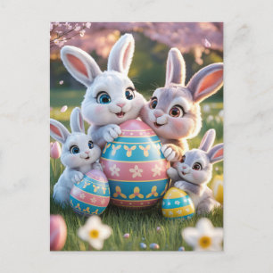 Carte Postale Famille de lapins 3D joyeuse avec un œuf de Pâques