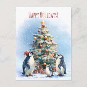 Carte Postale Famille de manchots décorant joyeusement un sapin