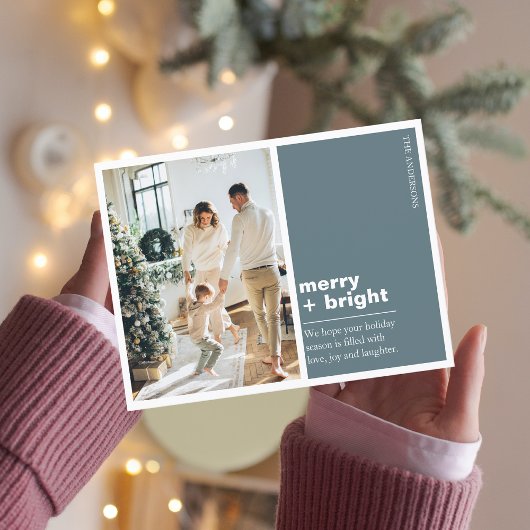 Carte Postale Famille de photos de Noël | Joyeux + Bleu