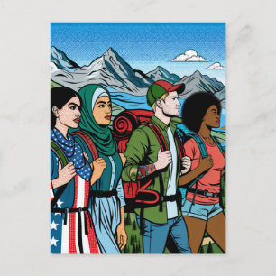 Carte Postale Famille de randonnée en sac à dos sur un sentier