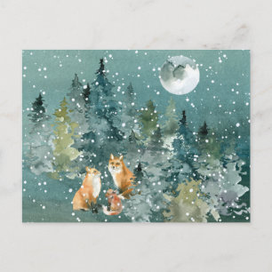 Carte Postale Famille de renards dans une forêt enneigée sous la