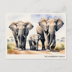 Carte Postale Famille d'éléphants à l'aquarelle avec nom personn