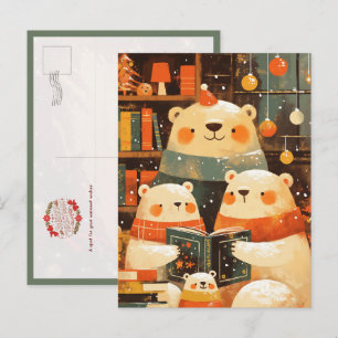 Carte Postale Famille d'ours polaires lisant ensemble à Noël