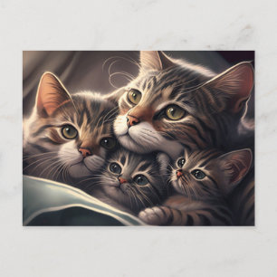 Carte Postale Famille Féline Câline - Chatte Mère et Chatons