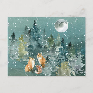 Carte Postale Famille Fox en forêt Pleine lune neige