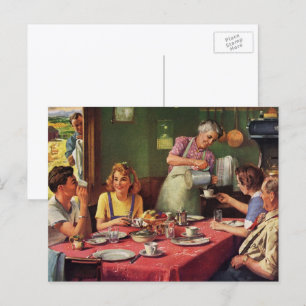 Carte Postale Famille vintage prenant son petit-déjeuner dans la