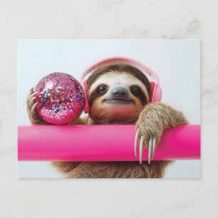 Carte Postale Fanky Sloth avec casque rose et boule disco
