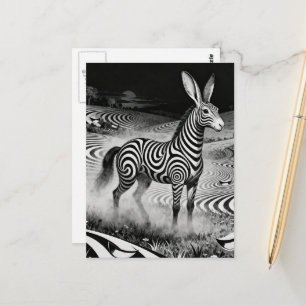 Carte Postale Fantaisie de lapin cheval créature en Op art noir 