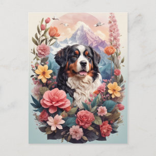 Carte Postale Fantaisie florale 3D du chien de montagne bernois 