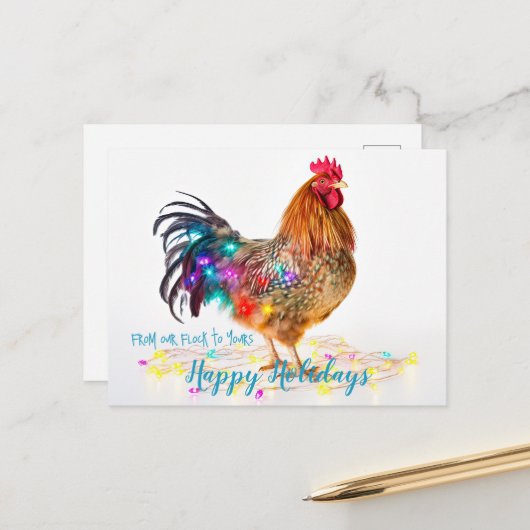 Carte Postale Fantaisie Jardin poulet Rooster feux de Noël (Devant/Arrière en situation)
