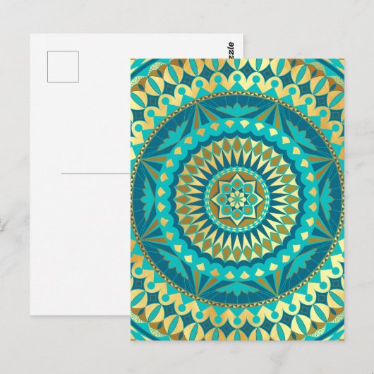 Carte Postale Fantaisie Mandala Bleu Or (Devant / Derrière)