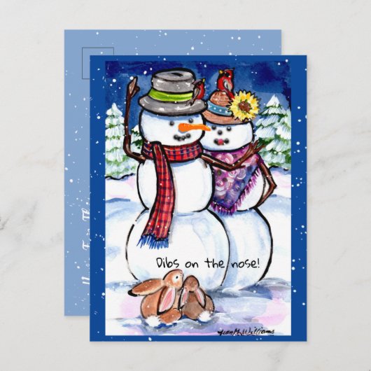 Carte Postale Fantaisie Noël Neige lapins Carrot Nez (Devant / Derrière)