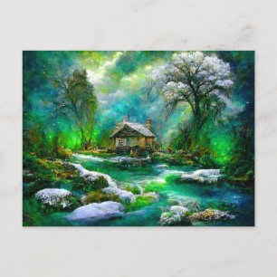Carte Postale Fantasy Cottage au printemps. Fonte des neiges