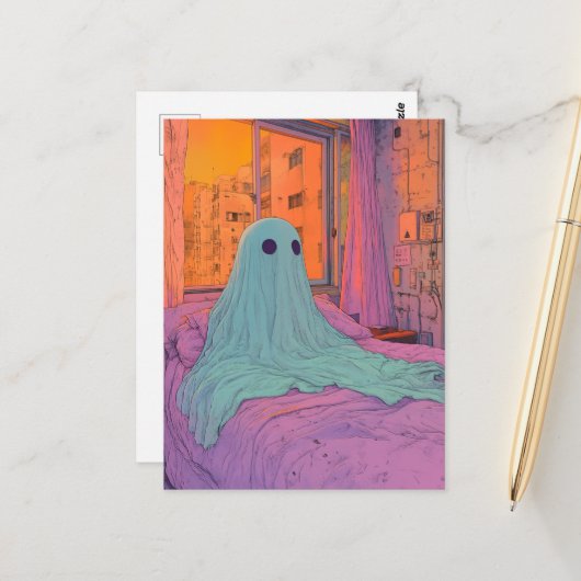 Carte Postale Fantôme au lit (Devant/Arrière en situation)