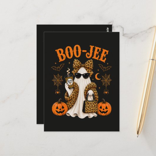 Carte Postale Fantôme de léopard Boo JEE Halloween mignon effray (Devant/Arrière en situation)