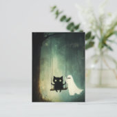 Carte Postale Fantôme d'Halloween, Chat à coudre (Debout devant)