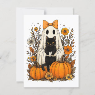 Carte Postale Fantôme d'Halloween tenant un chat noir