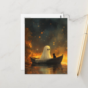 Carte Postale Fantôme et chat dans un bateau