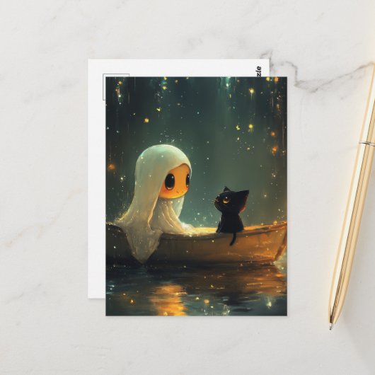 Carte Postale Fantôme et chat dans un bateau (Devant/Arrière en situation)