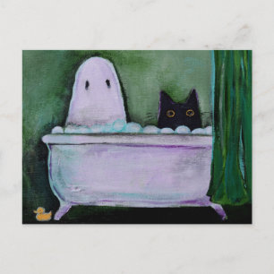 Carte Postale Fantôme et chat dans une baignoire, drôle et fanta